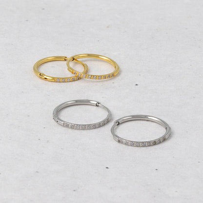 ピアス ステンレス メタル キュービックジルコニア 9粒 直径14mm 幅1.2mm キャッチレス ワンタッチ サージカルステンレスポスト フープピアス