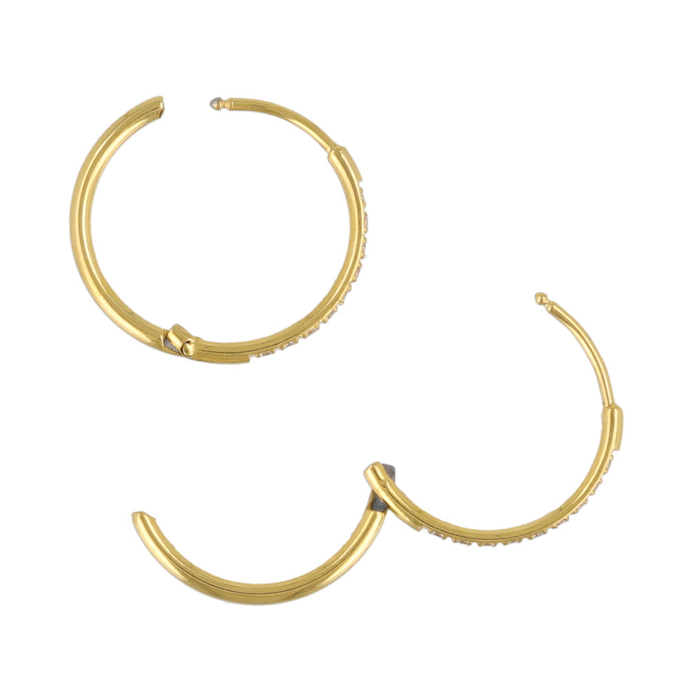 ピアス ステンレス メタル キュービックジルコニア 9粒 直径14mm 幅1.2mm キャッチレス ワンタッチ サージカルステンレスポスト フープピアス