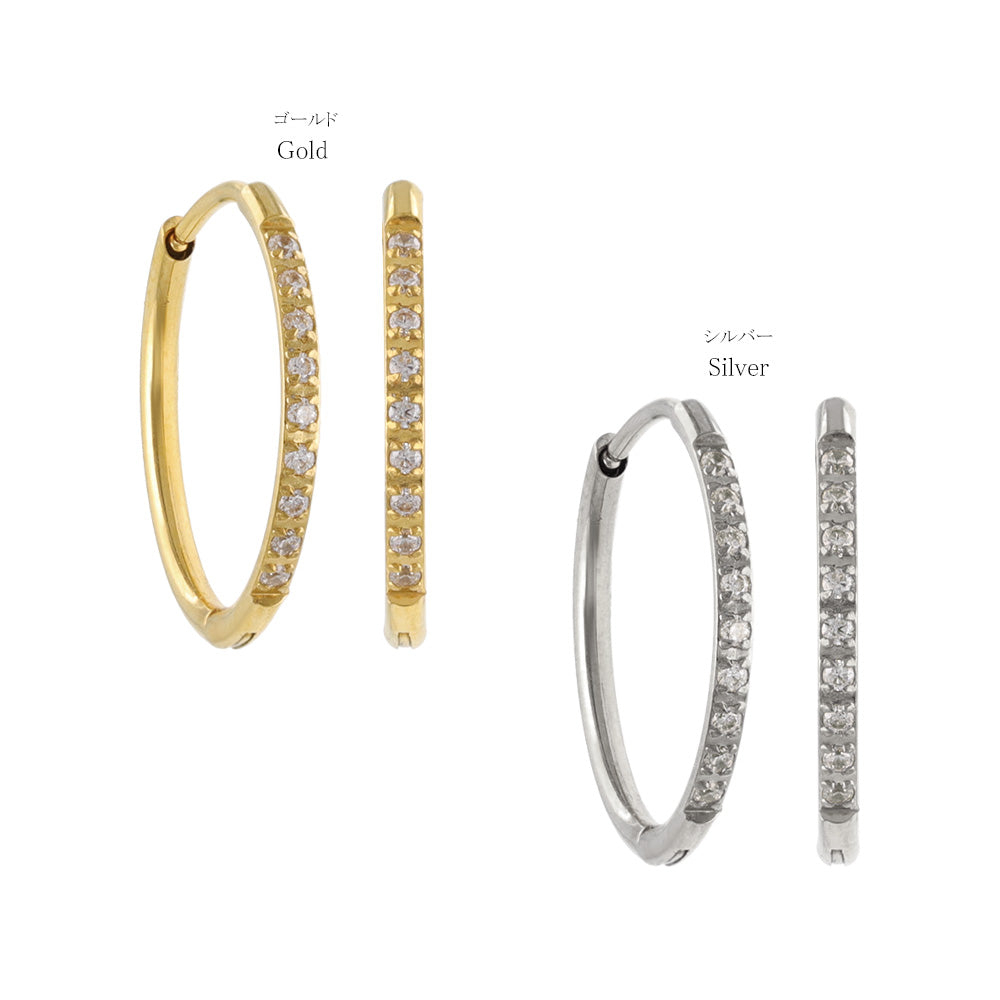 ピアス ステンレス メタル キュービックジルコニア 9粒 直径14mm 幅1.2mm キャッチレス ワンタッチ サージカルステンレスポスト フープピアス