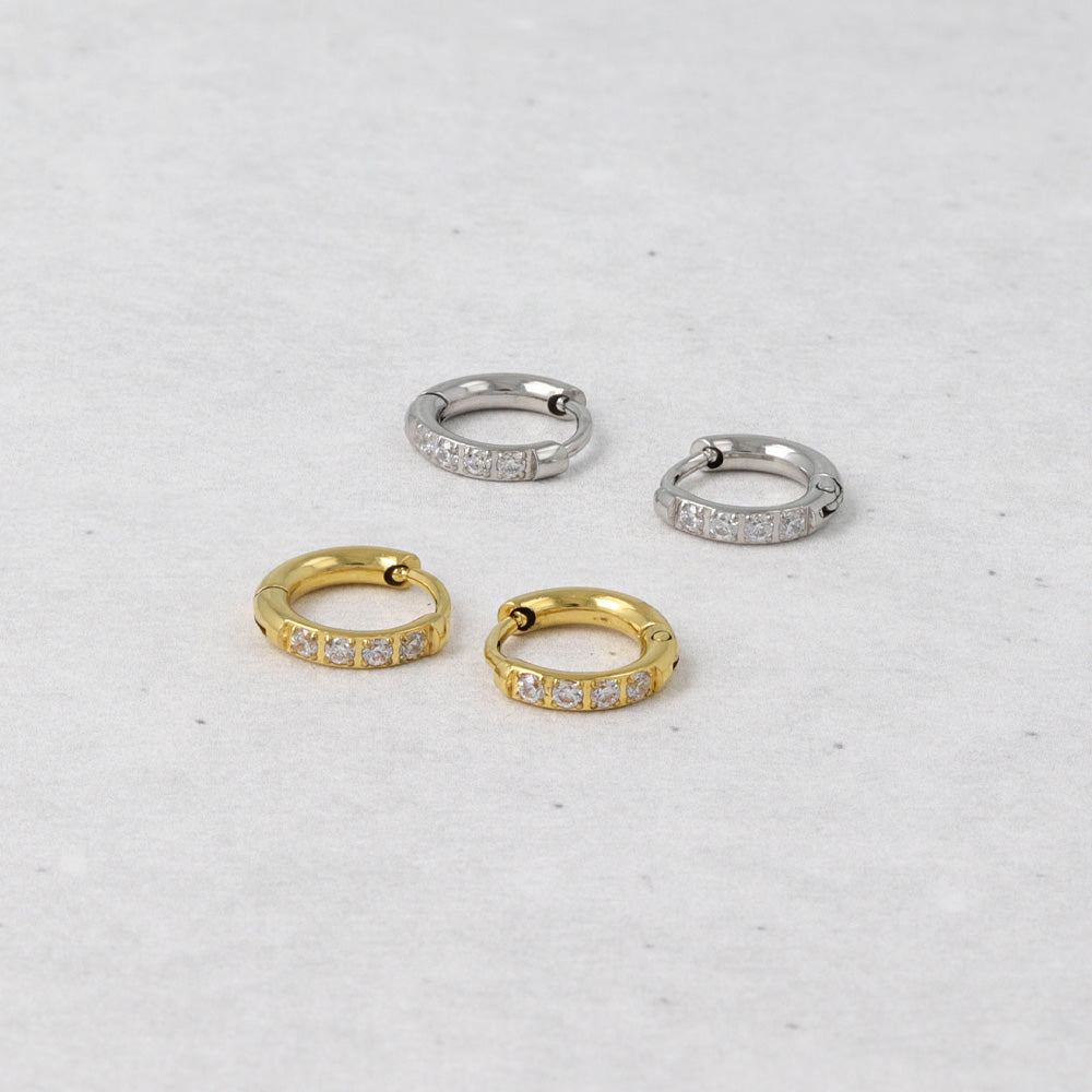 ピアス ステンレス メタル キュービックジルコニア 4粒 直径9mm 幅1.6mm キャッチレス ワンタッチ サージカルステンレスポスト フープピアス