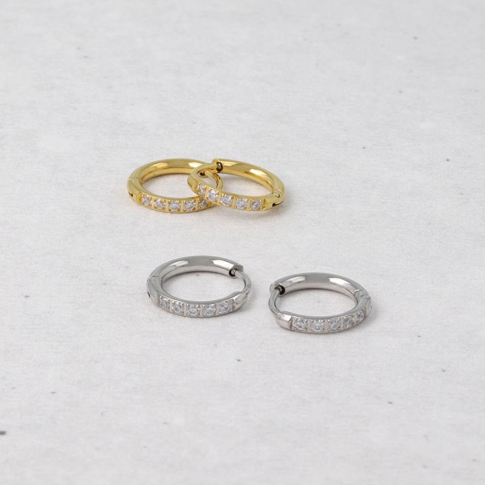 ピアス ステンレス メタル キュービックジルコニア 5粒 直径11mm 幅1.6mm キャッチレス ワンタッチ サージカルステンレスポスト フープピアス