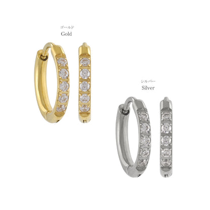 ピアス ステンレス メタル キュービックジルコニア 5粒 直径11mm 幅1.6mm キャッチレス ワンタッチ サージカルステンレスポスト フープピアス