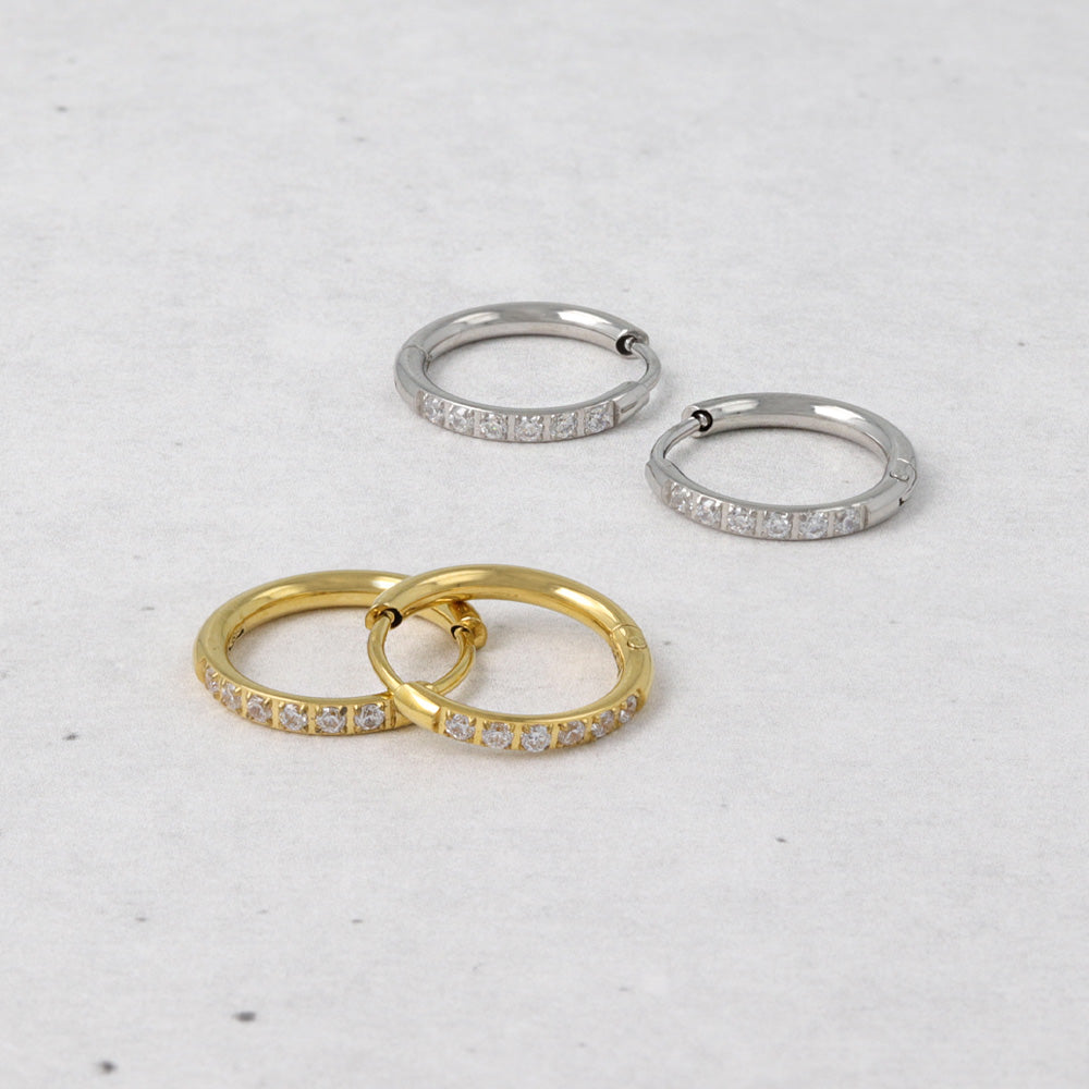 ピアス ステンレス メタル キュービックジルコニア 6粒 直径13mm 幅1.6mm キャッチレス ワンタッチ サージカルステンレスポスト フープピアス