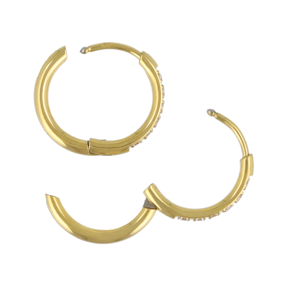 ピアス ステンレス メタル キュービックジルコニア 6粒 直径13mm 幅1.6mm キャッチレス ワンタッチ サージカルステンレスポスト フープピアス