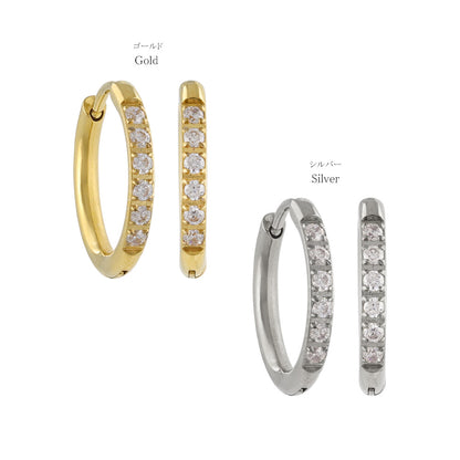 ピアス ステンレス メタル キュービックジルコニア 6粒 直径13mm 幅1.6mm キャッチレス ワンタッチ サージカルステンレスポスト フープピアス