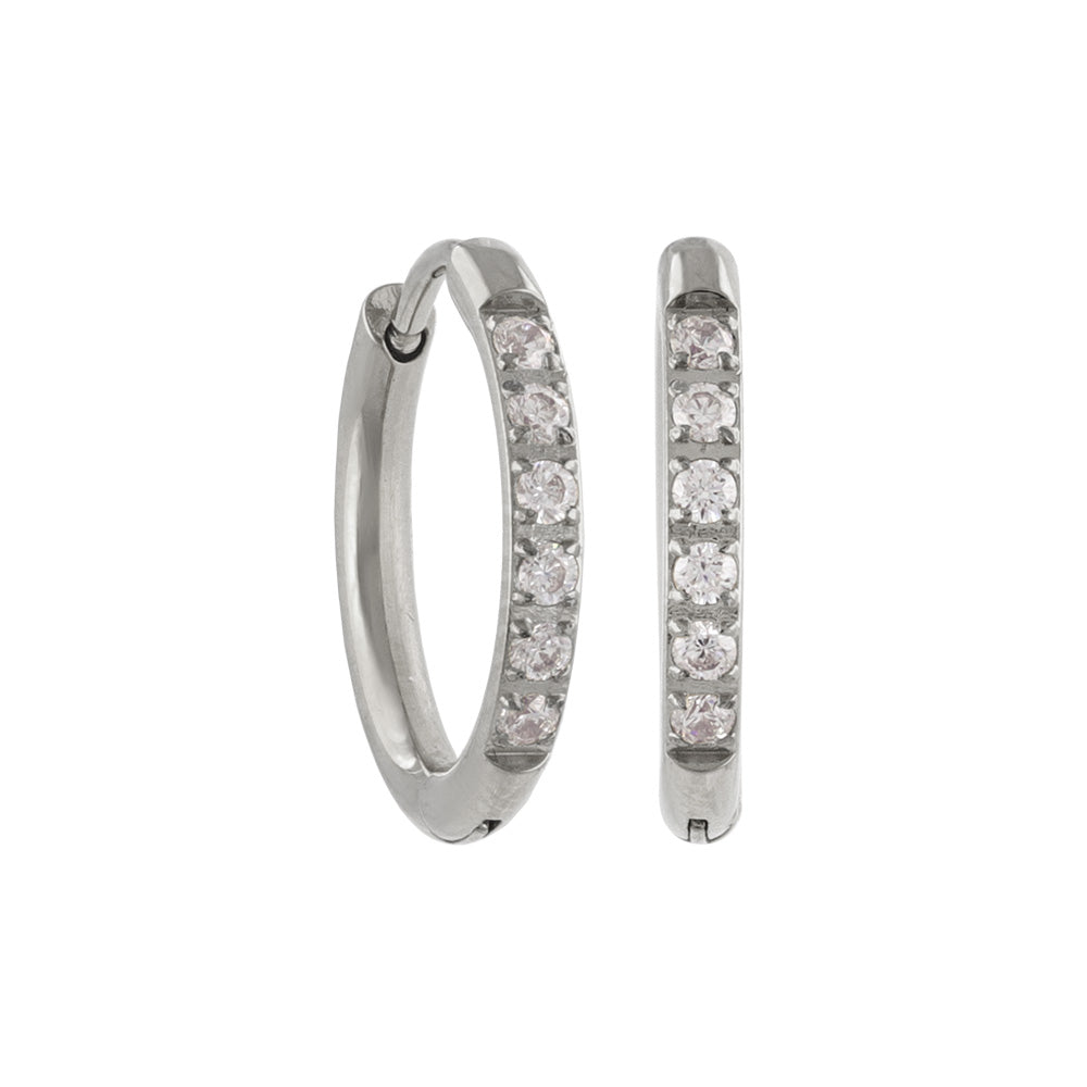 ピアス ステンレス メタル キュービックジルコニア 6粒 直径13mm 幅1.6mm キャッチレス ワンタッチ サージカルステンレスポスト フープピアス