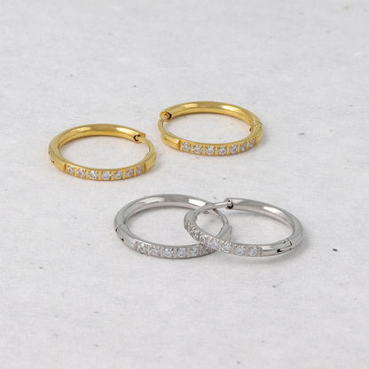 ピアス ステンレス メタル キュービックジルコニア 7粒 直径15mm 幅1.6mm キャッチレス ワンタッチ サージカルステンレスポスト フープピアス
