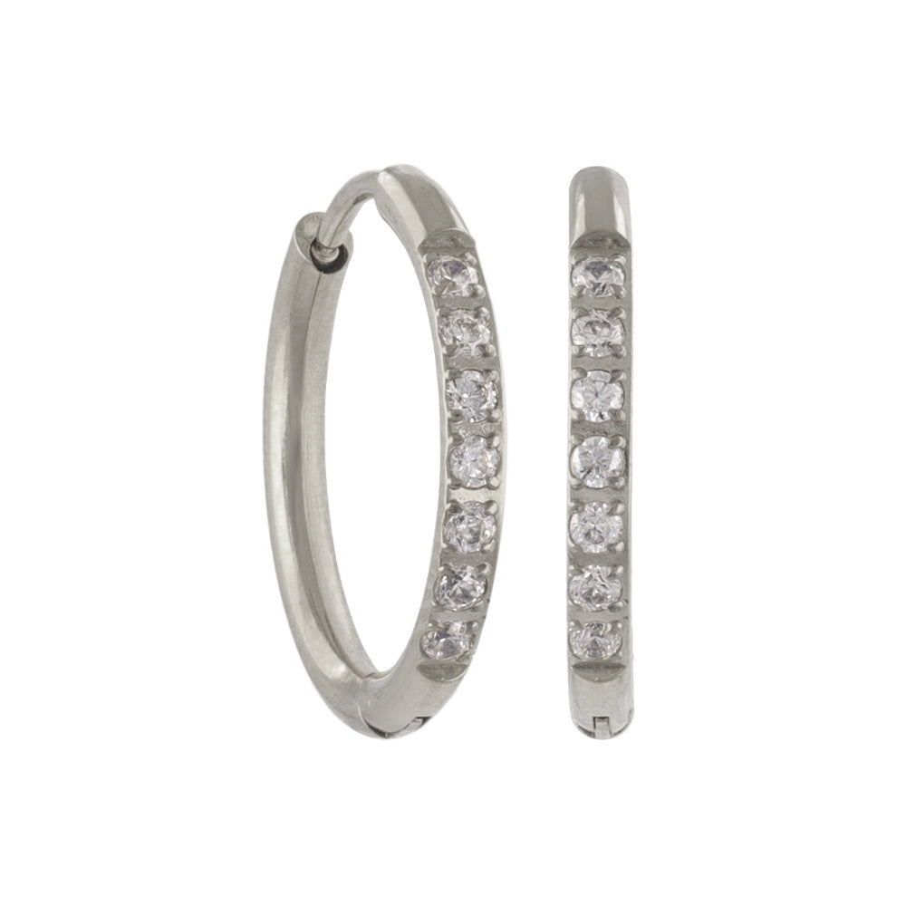 ピアス ステンレス メタル キュービックジルコニア 7粒 直径15mm 幅1.6mm キャッチレス ワンタッチ サージカルステンレスポスト フープピアス