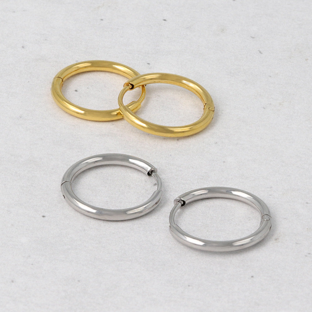 ピアス ステンレス メタル 甲丸 直径15mm 幅1.6mm キャッチレス ワンタッチ サージカルステンレスポスト フープピアス