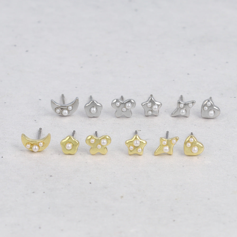 ピアス ニッケルフリー メタル ハート 月 フラワー リボン 星 パール 6個セット チタンポスト スタッドピアス