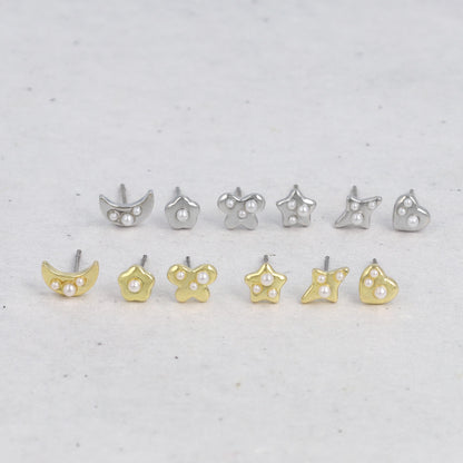 ピアス ニッケルフリー メタル ハート 月 フラワー リボン 星 パール 6個セット チタンポスト スタッドピアス