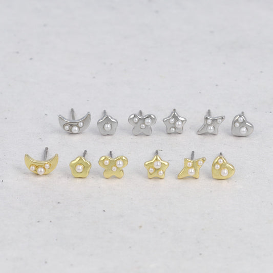 ピアス ニッケルフリー メタル ハート 月 フラワー リボン 星 パール 6個セット チタンポスト スタッドピアス