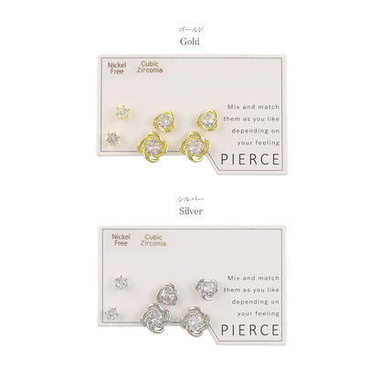 ピアス ニッケルフリー メタル フラワー キュービックジルコニア ６個セット スタッドピアス