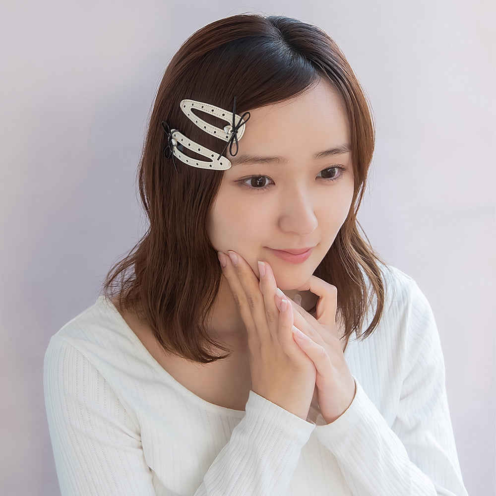 ヘアピン yura リボン メタル ハート ドット 柄 モノトーン バイカラー フェイクレザー 2個セット スリーピン