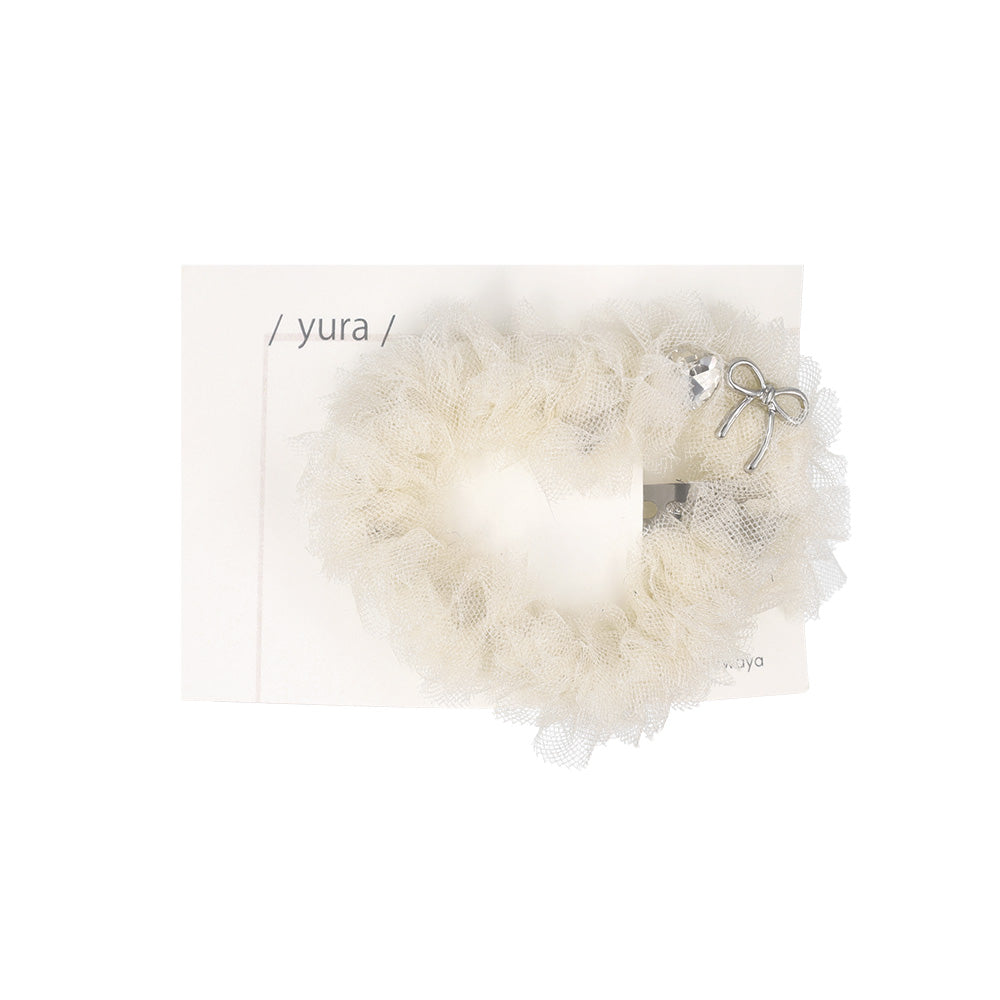 ヘアピン yura メタル リボン ハート ストーン チュール フリル モノトーン スリーピン