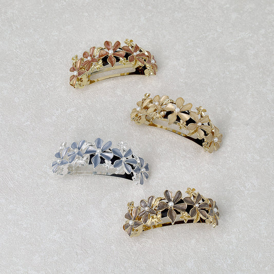 バレッタ ニッケルフリー メタル カラー フラワー パール すべり止め付き サイズレスバレッタ