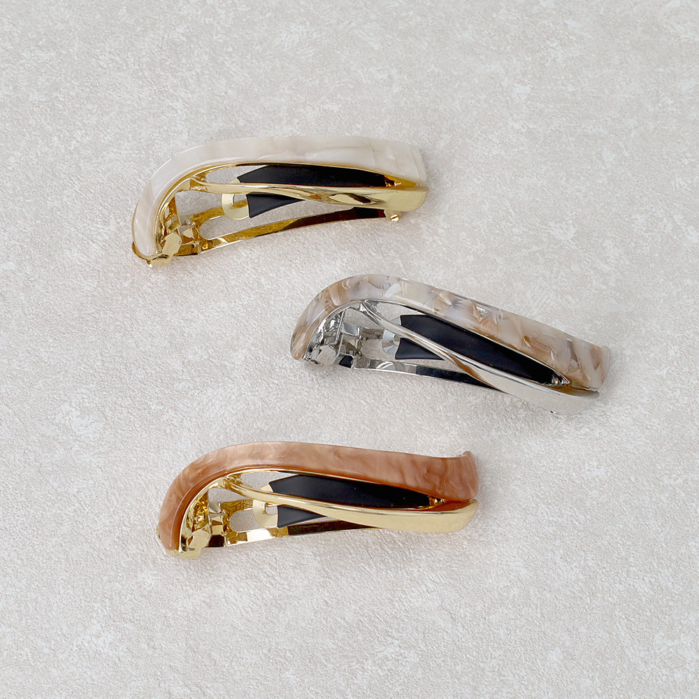 バレッタ ニッケルフリー メタル マーブル ウェーブ ライン すべり止め付き サイズレスバレッタ