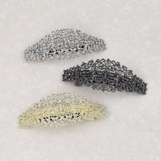 バレッタ ニッケルフリー メタル 透かし フラワー ストーン すべり止め付き