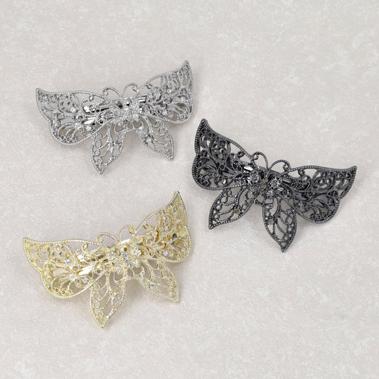 バレッタ ニッケルフリー メタル 透かし バタフライ ストーン すべり止め付き