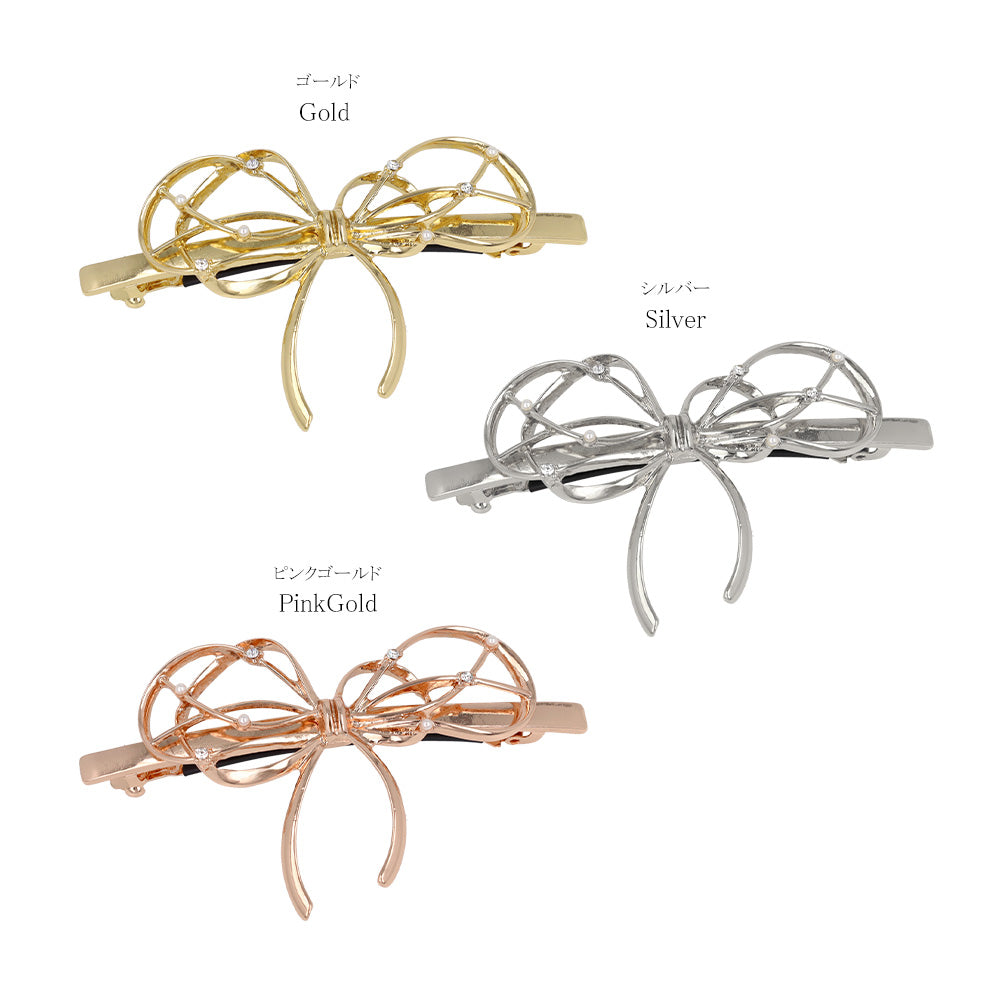 バレッタ ニッケルフリー メタル リボン ライン すべり止め付き