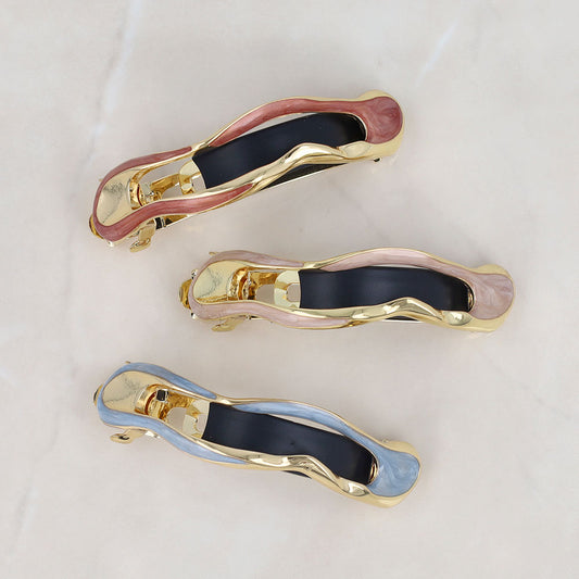 バレッタ ニッケルフリー メタル オーバル ウェーブ マーブル すべり止め付き サイズレスバレッタ