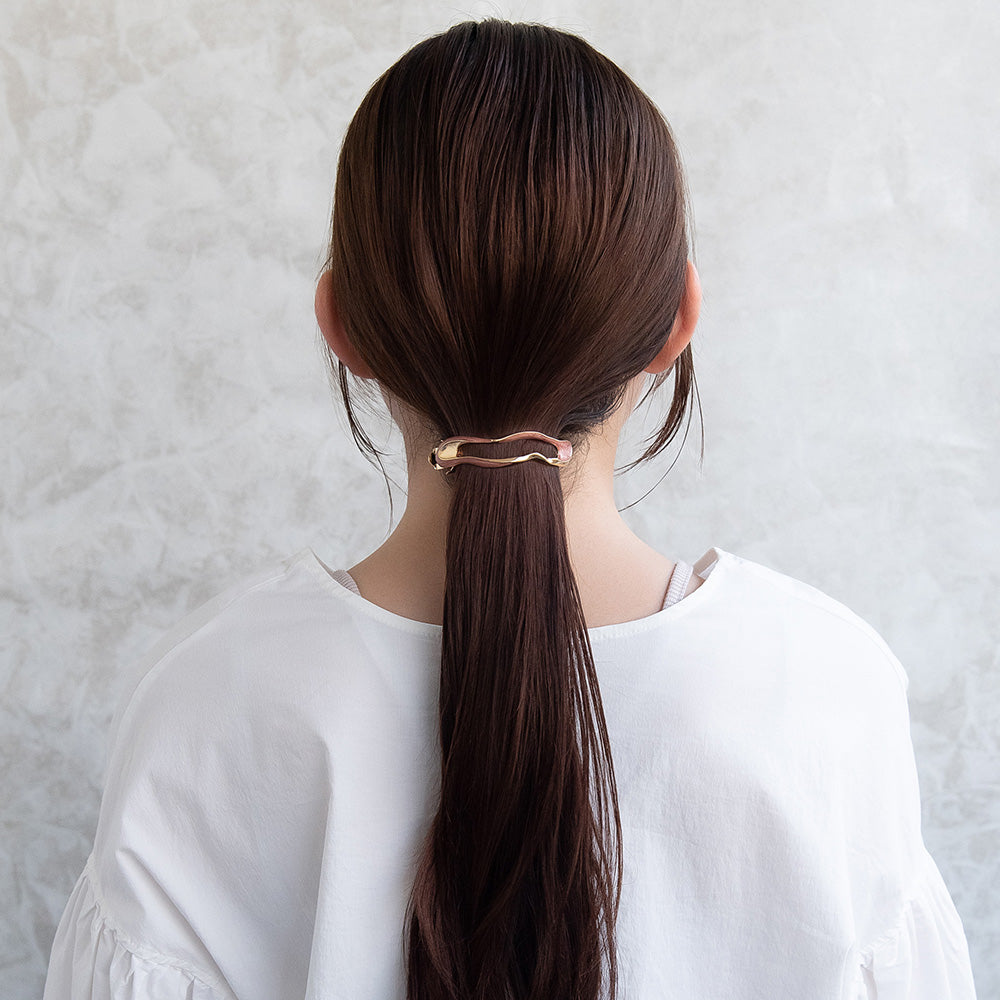 バレッタ ニッケルフリー メタル オーバル ウェーブ マーブル すべり止め付き サイズレスバレッタ