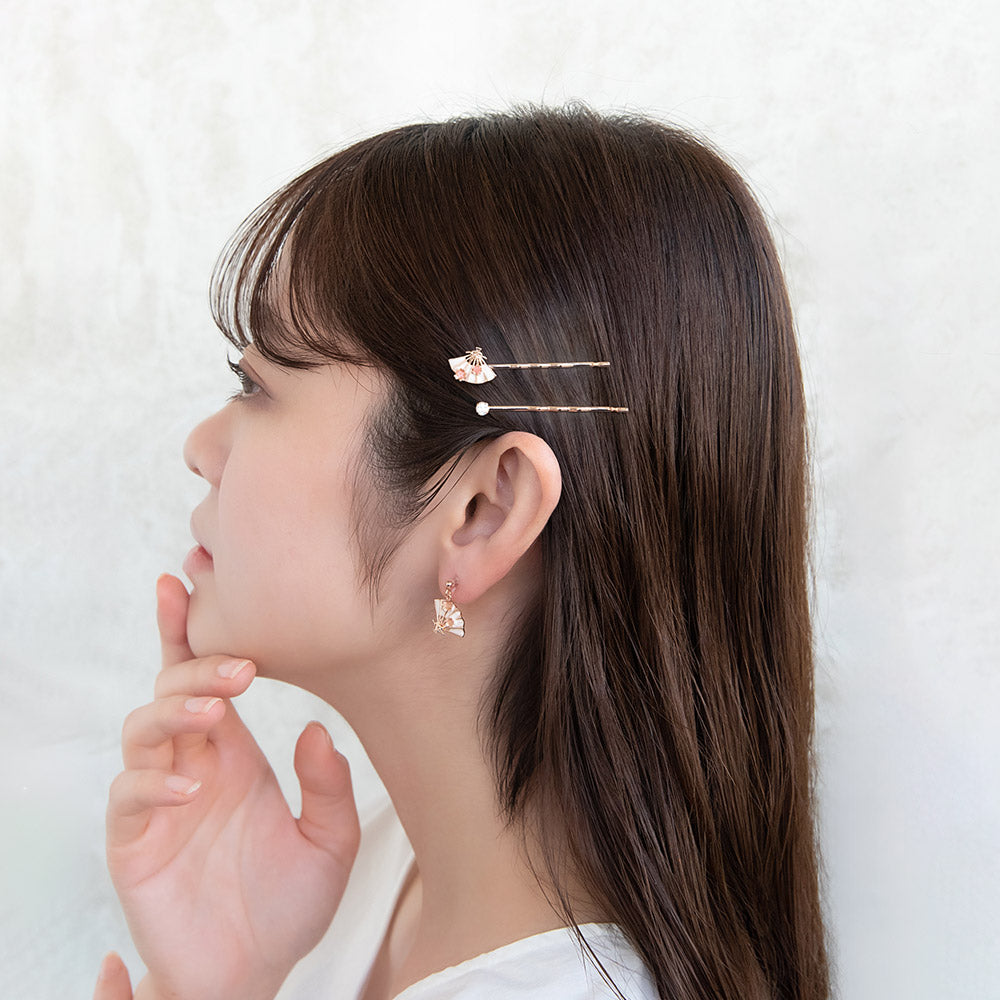 ヘアピン ニッケルフリー メタル 扇子 桜 花 水引 ストーン 2本セット アメピン