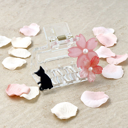 ヘアクリップ クリア 桜 お座り猫 レクタングル パール バンスクリップ