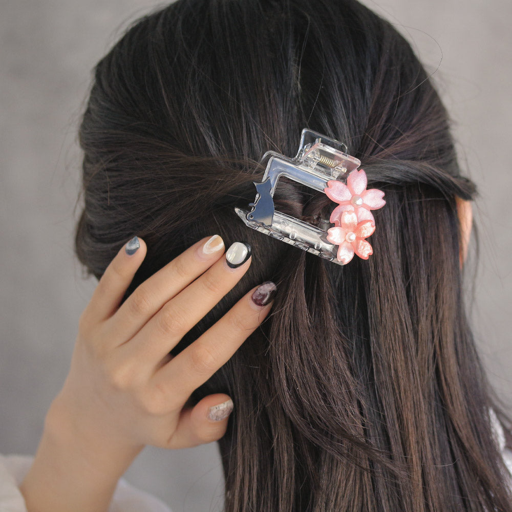ヘアクリップ クリア 桜 お座り猫 レクタングル パール バンスクリップ
