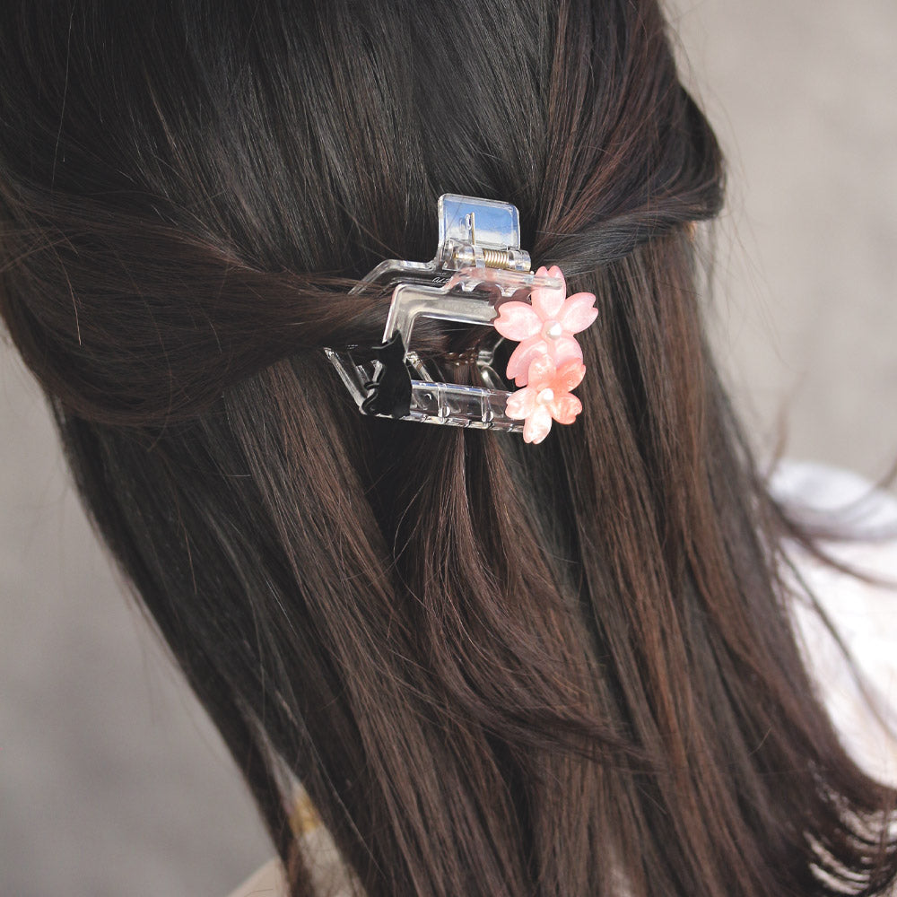 ヘアクリップ クリア 桜 お座り猫 レクタングル パール バンスクリップ