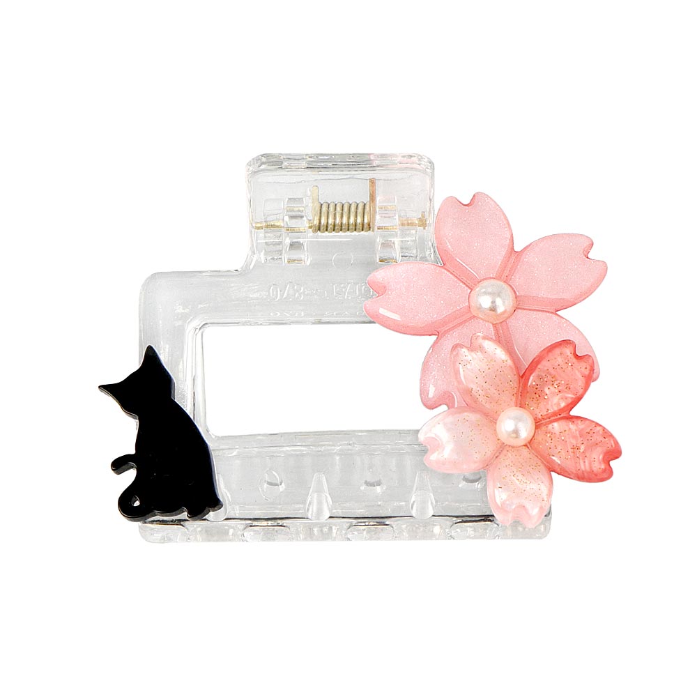 ヘアクリップ クリア 桜 お座り猫 レクタングル パール バンスクリップ