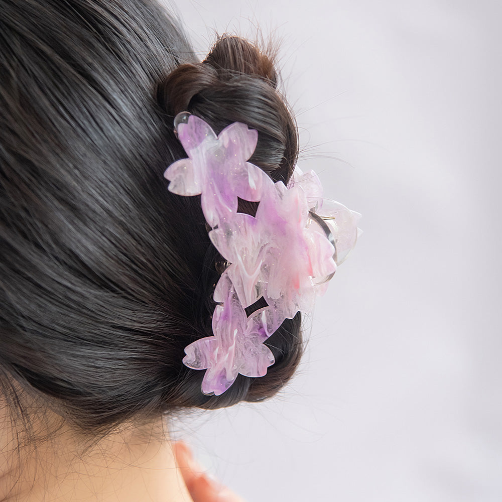 ヘアクリップ 桜 3輪 マーブル カラー バンスクリップ
