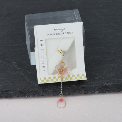 イヤーカフ 桜 花びら ワイヤーメタル ミニ ストーン チェーン 下がり イヤリング 【左耳用】