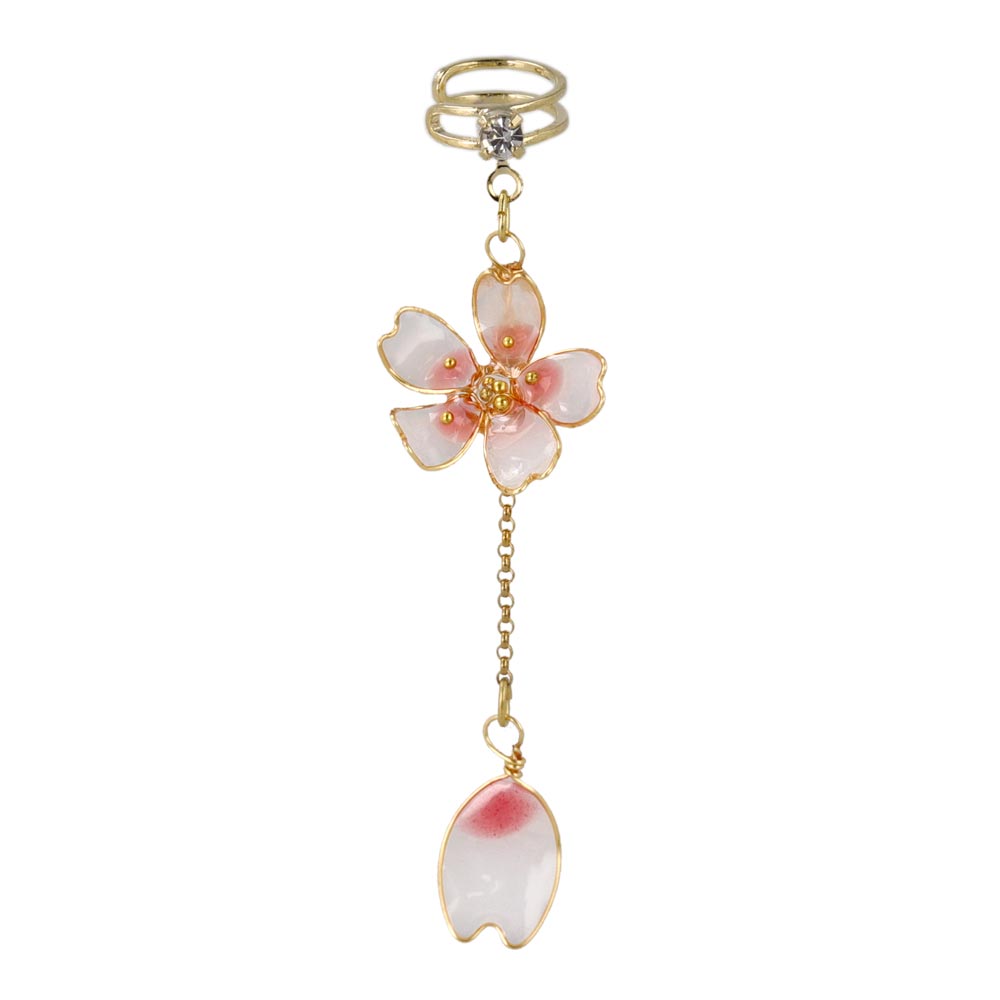 イヤーカフ 桜 花びら ワイヤーメタル ミニ ストーン チェーン 下がり イヤリング 【左耳用】