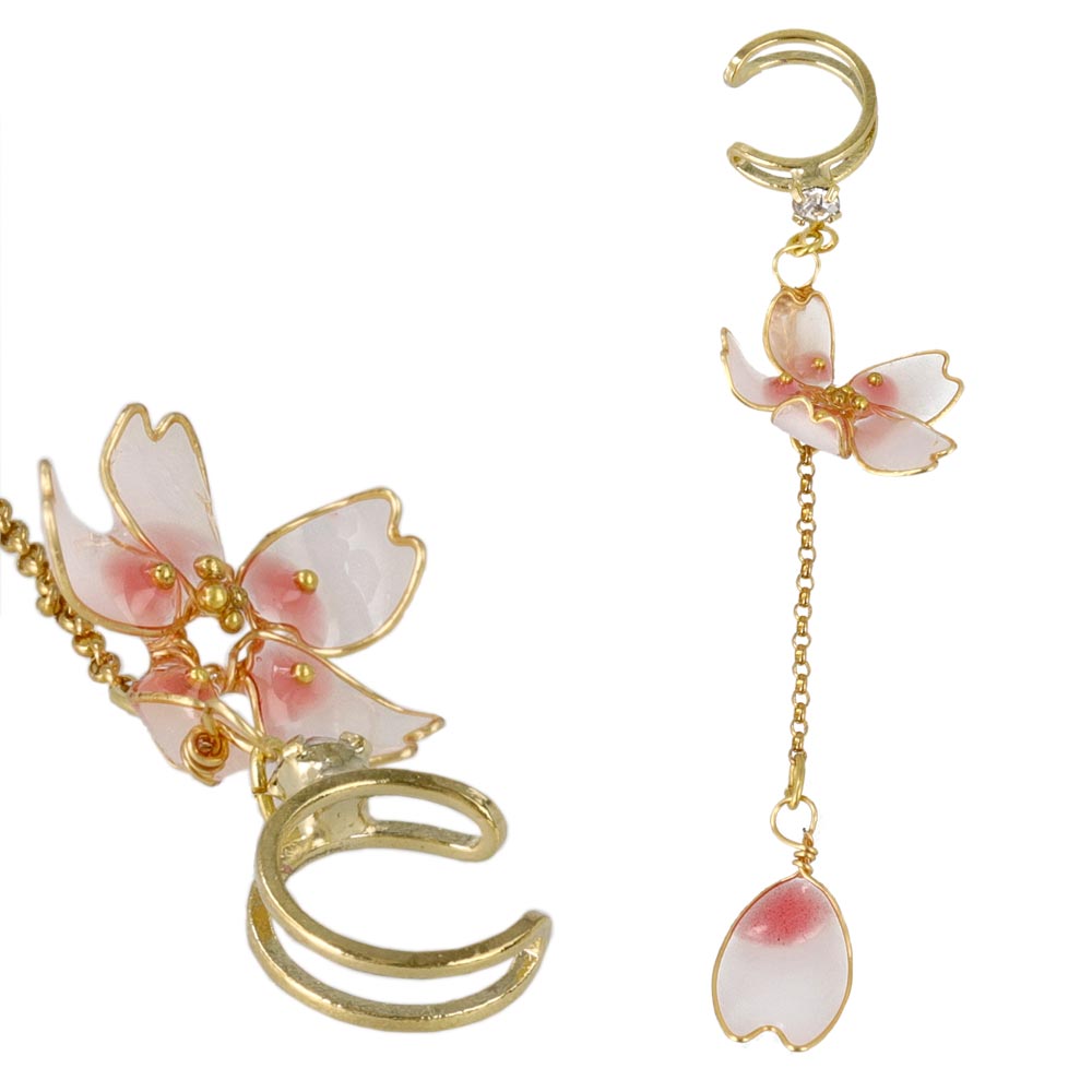 イヤーカフ 桜 花びら ワイヤーメタル ミニ ストーン チェーン 下がり イヤリング 【左耳用】
