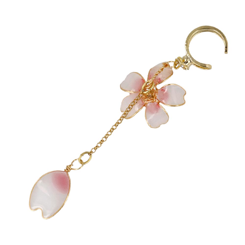 イヤーカフ 桜 花びら ワイヤーメタル ミニ ストーン チェーン 下がり イヤリング 【左耳用】