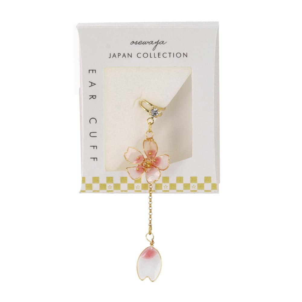 イヤーカフ 桜 花びら ワイヤーメタル ミニ ストーン チェーン 下がり イヤリング 【左耳用】