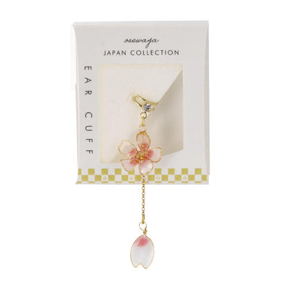 イヤーカフ 桜 花びら ワイヤーメタル ミニ ストーン チェーン 下がり イヤリング 【左耳用】