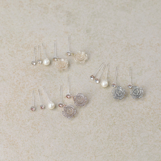 樹脂ピアス ニッケルフリー ローズ ラメ ストーン パール 5個セット スタッドピアス