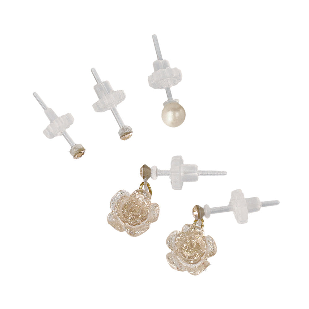 樹脂ピアス ニッケルフリー ローズ ラメ ストーン パール 5個セット スタッドピアス