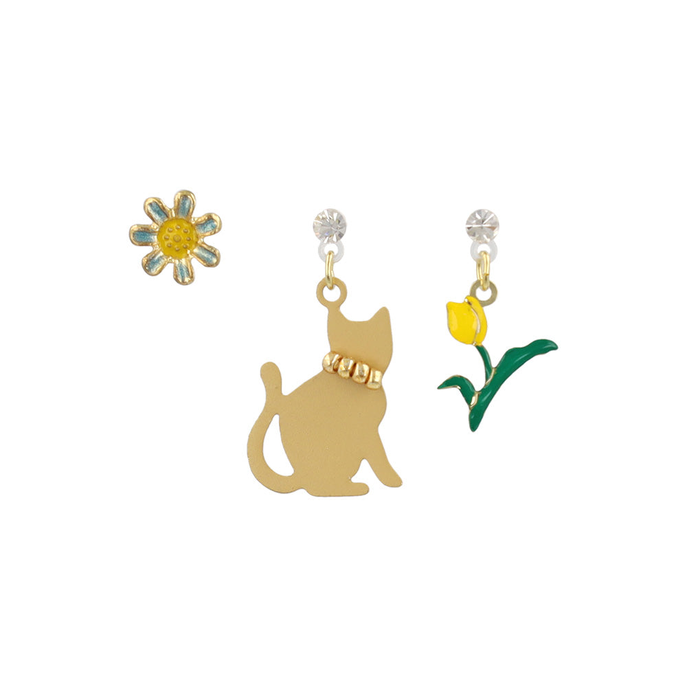樹脂ピアス ネコ チューリップ マーガレット 3個セット スタッドピアス