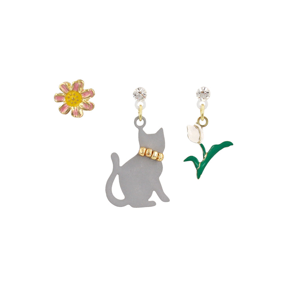 樹脂ピアス ネコ チューリップ マーガレット 3個セット スタッドピアス