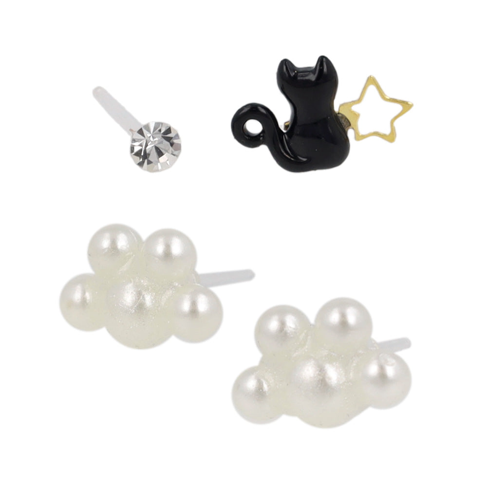 樹脂ピアス ニッケルフリー 黒猫と星  肉球パール ストーン 4個セット スタッドピアス