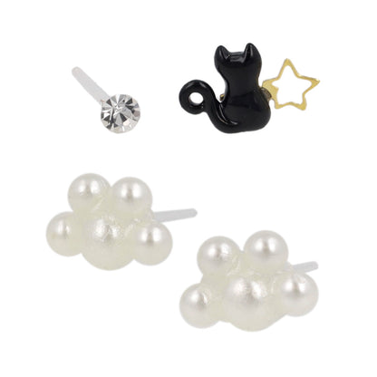 樹脂ピアス ニッケルフリー 黒猫と星  肉球パール ストーン 4個セット スタッドピアス