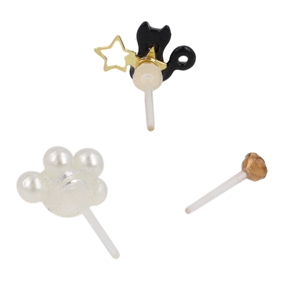 樹脂ピアス ニッケルフリー 黒猫と星  肉球パール ストーン 4個セット スタッドピアス