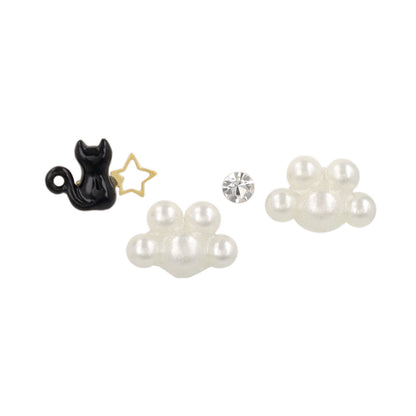 樹脂ピアス ニッケルフリー 黒猫と星  肉球パール ストーン 4個セット スタッドピアス