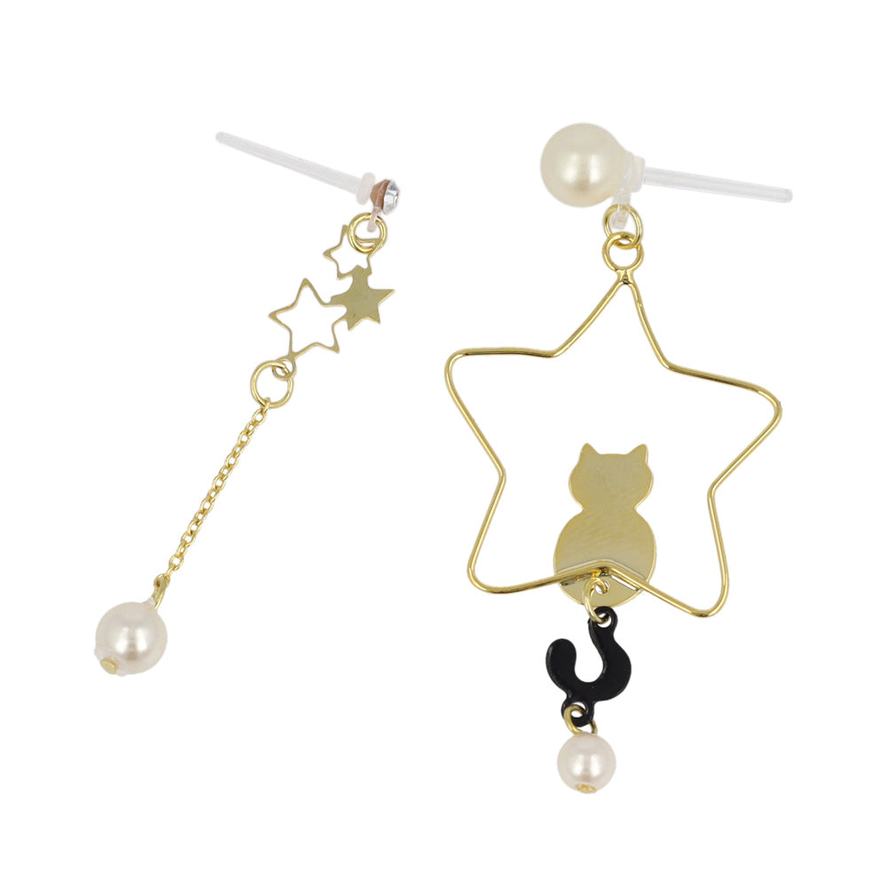 樹脂ピアス ニッケルフリー 黒猫 しっぽ スター パール スタッドピアス