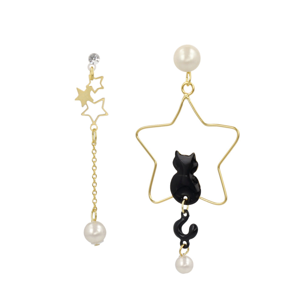 樹脂ピアス ニッケルフリー 黒猫 しっぽ スター パール スタッドピアス