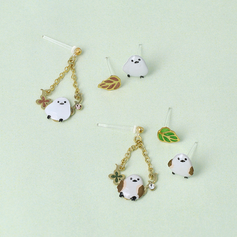 樹脂ピアス ニッケルフリー シマエナガ リーフ ストーン 3個セット スタッドピアス