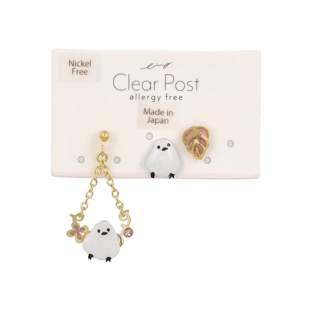 樹脂ピアス ニッケルフリー シマエナガ リーフ ストーン 3個セット スタッドピアス